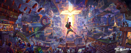 Anime-style cityscape bursting with vibrant colors and dynamic characters in an action-packed scene, designed as an HD PC desktop wallpaper and background.