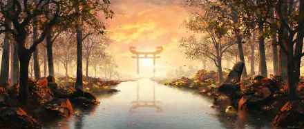 Anime landscape HD desktop wallpaper of a serene river at sunset, framed by autumn trees and featuring a distant torii gate reflected in the water.