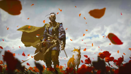 HD PC desktop wallpaper featuring Jin Sakai from the video game Ghost of Tsushima, standing amidst falling red leaves with a fox by his side.