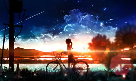 Anime-style HD desktop wallpaper featuring a silhouette of a person with a bike against a vibrant sunrise and sunset sky over a reflective water surface.