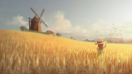 A serene 4K Ultra HD anime wallpaper featuring a girl in a wide-brimmed hat standing in a golden wheat field with a windmill under a soft, cloudy sky.