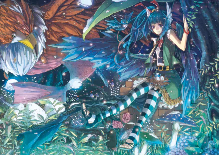 HD anime desktop wallpaper featuring a detailed anime girl with vibrant blue and black wings surrounded by a mystical, colorful forest and a majestic eagle.
