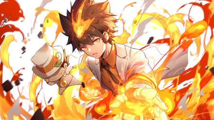 HD desktop wallpaper featuring Tsunayoshi Sawada from Katekyō Hitman Reborn! in a dynamic pose with flames surrounding him. Bright and vivid anime artwork from the series Reborn.
