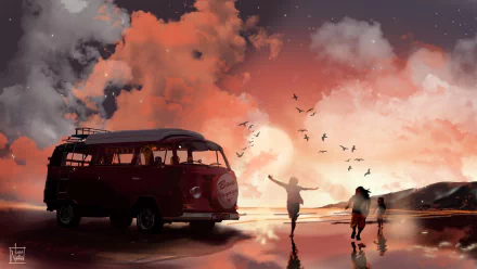 Anime-style HD desktop wallpaper featuring a bus parked under a vibrant orange and pink sunset sky with clouds, birds, and a family enjoying the serene moment.
