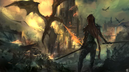 HD fantasy PC wallpaper depicting a woman warrior facing a fire-breathing dragon amidst a burning castle and dark, smoky battlefield.