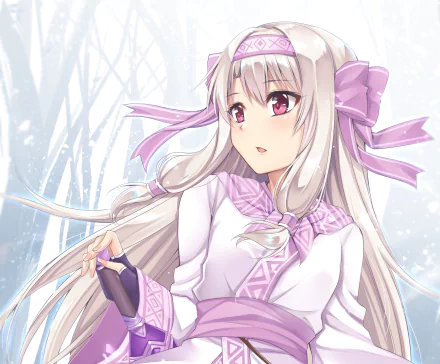 HD anime desktop wallpaper featuring Sitonai and Illyasviel Von Einzbern from Fate/Grand Order in a serene, snowy forest setting.