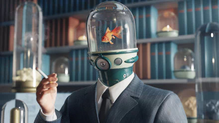 A.J. Carmichael from The Umbrella Academy in a 4K Ultra HD TV show wallpaper, featuring his iconic fishbowl helmet with a goldfish inside and a suit.