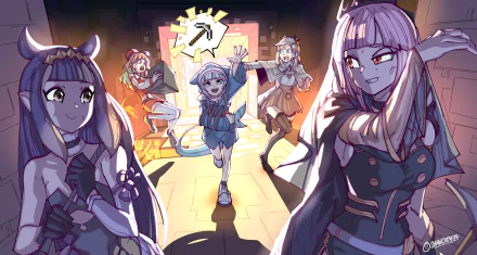 HD anime-style desktop wallpaper featuring virtual YouTubers Ninomae Ina'nis, Takanashi Kiara, Watson Amelia, Gawr Gura, and Mori Calliope in a vibrant, dynamic scene.