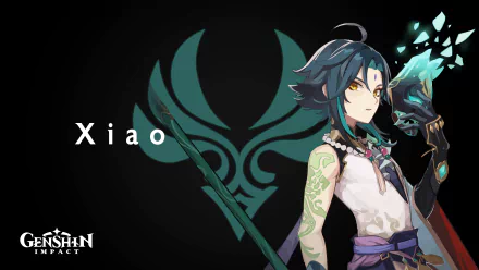 HD desktop wallpaper featuring Xiao from the video game Genshin Impact. Xiao, standing with a green polearm, is set against a black background with a teal emblem. Genshin Impact logo is in the corner.