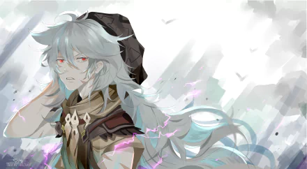 4K Ultra HD wallpaper of Razor from Genshin Impact, featuring his grey hair and red eyes in a dynamic, ethereal background.