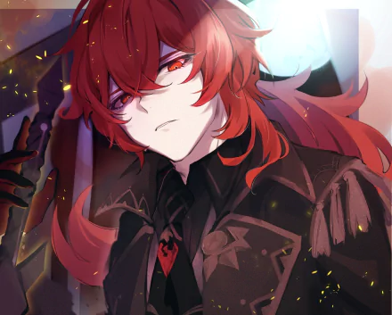 HD desktop wallpaper featuring Diluc from the video game Genshin Impact. The character is depicted with red hair and a stern expression, set against a detailed background with a glowing light.