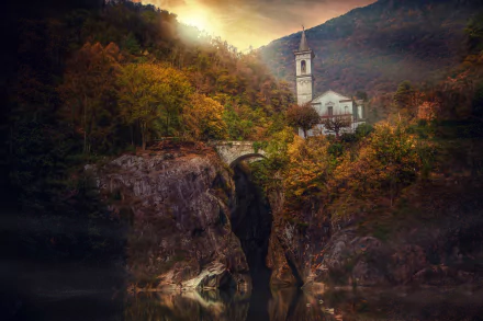piedmonte Italy river bridge forest fall religious church HD Desktop Wallpaper | Background Image