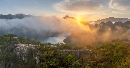 South Korea lake mountain Chungjuho Lake nature fog HD Desktop Wallpaper | Background Image