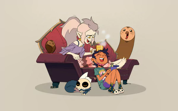 Characters Eda Clawthorne, Luz Noceda, King Clawthorne, and Hooty from The Owl House sitting on a couch, with cheerful expressions in an HD desktop wallpaper.
