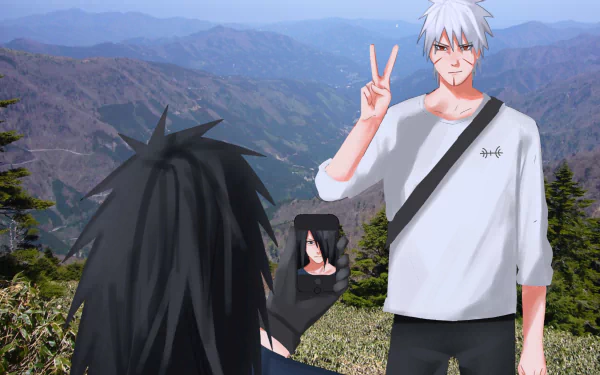 HD PC desktop wallpaper featuring Tobirama Senju and Madara Uchiha from the anime Naruto, set against a scenic mountain background.