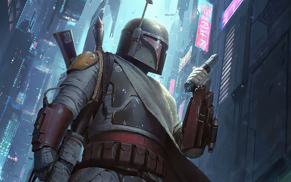 Boba Fett stands ready in a neon-lit sci-fi cityscape, captured in a detailed 4K Ultra HD Star Wars desktop wallpaper.