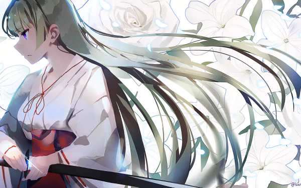 HD PC desktop wallpaper featuring an anime-style character from the video game Osu!, with flowing hair and soft floral background in light tones.