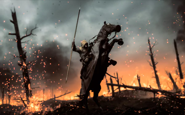 Battlefield 1 video game 4K Ultra HD PC desktop wallpaper: cavalryman on a rearing horse charging through a burning, war-torn landscape with sparks, shattered trees and a smoky orange sky.