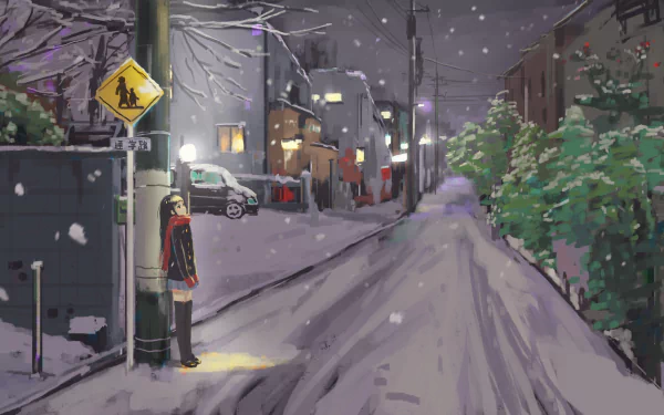 Anime-style winter street scene at night with a lone figure standing by a snowy road, capturing a serene and detailed 4K Ultra HD PC desktop wallpaper atmosphere.