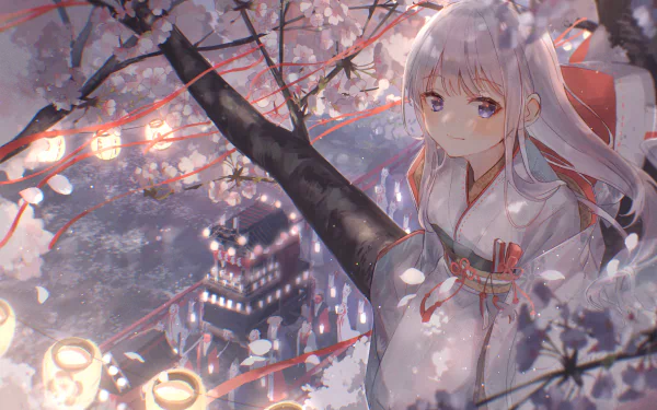 Anime girl with silver hair sits among blooming cherry blossoms under glowing lanterns in a serene spring night, captured in 4K Ultra HD anime-style desktop wallpaper.