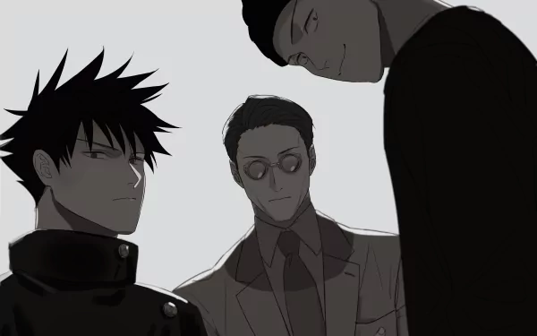 HD anime desktop wallpaper featuring Jujutsu Kaisen characters Kento Nanami, Takuma Ino, and Megumi Fushiguro in a dark, minimalist style.