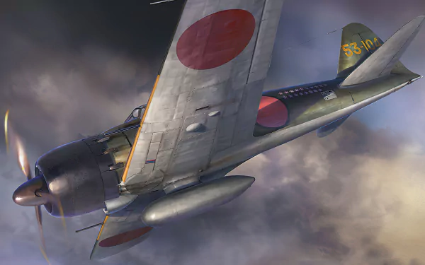 HD PC desktop wallpaper: Mitsubishi A6M Zero military warplane (fighter aircraft) in flight, close-up three-quarter view over a dramatic cloudy sky.