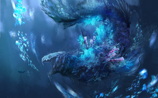 HD anime-style desktop wallpaper depicting a massive sea monster swirling underwater, illuminated by glowing blue coral and marine life in an original fantasy scene.