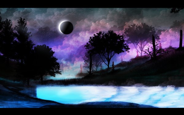 Artistic Landscape Eclipse Sky River Tree HD Wallpaper | Background Image