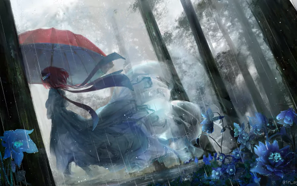 An anime scene featuring Nino Nakano from 5-Toubun no Hanayome, with short pink hair holding an umbrella in the rain. Blue flowers are in the foreground, creating a serene HD desktop wallpaper.