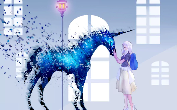 Anime-style HD desktop wallpaper featuring a white-haired girl touching a shimmering blue unicorn in a softly lit, windowed room.