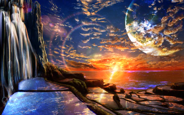 4K Ultra HD anime landscape featuring a vibrant sunset over rocky shores with a cascading waterfall and a large planet visible in the sky.