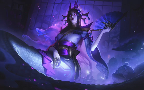 Cassiopeia (League Of Legends) wreathed in purple magic, poised with fan and serpentine tail — 8K Ultra HD PC desktop wallpaper/background, League of Legends video game art.