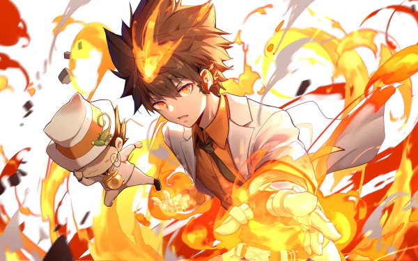 HD desktop wallpaper featuring Tsunayoshi Sawada from Katekyō Hitman Reborn! in a dynamic pose with flames surrounding him. Bright and vivid anime artwork from the series Reborn.