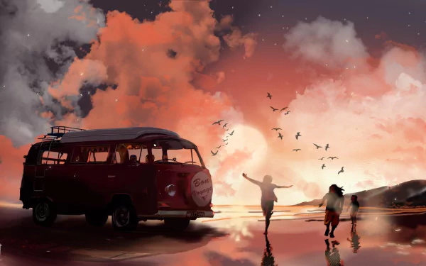 Anime-style HD desktop wallpaper featuring a bus parked under a vibrant orange and pink sunset sky with clouds, birds, and a family enjoying the serene moment.