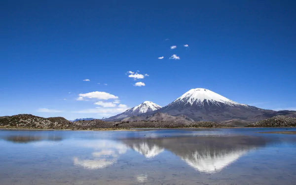 HD desktop wallpaper showcasing a serene Chilean landscape with snow-capped mountains reflecting vividly in a calm lake under a clear blue sky.