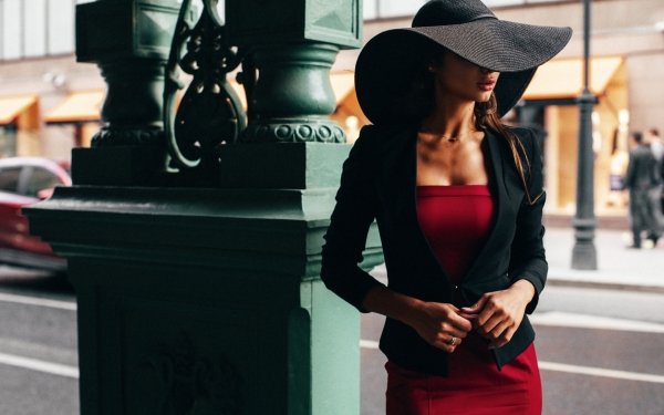 Women Model Daria Shy Style Hat Red Dress HD Wallpaper | Background Image