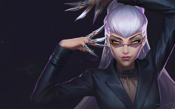 Evelynn from League of Legends K/DA in a sleek black outfit with long white hair, striking a confident pose in a 4K Ultra HD K-pop styled video game wallpaper.