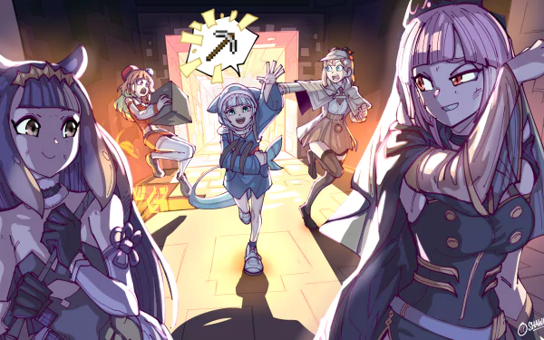 HD anime-style desktop wallpaper featuring virtual YouTubers Ninomae Ina'nis, Takanashi Kiara, Watson Amelia, Gawr Gura, and Mori Calliope in a vibrant, dynamic scene.
