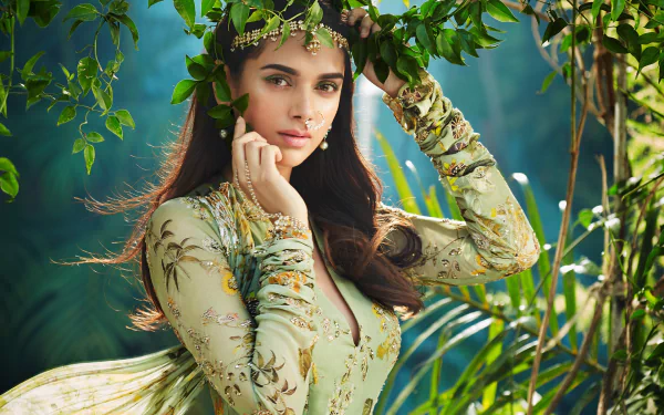 HD desktop wallpaper of Bollywood actress Aditi Rao Hydari, an Indian brunette celebrity, posing gracefully amid lush green foliage.