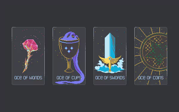HD pixel art PC wallpaper featuring artistic tarot cards: Ace of Wands, Ace of Cups, Ace of Swords, and Ace of Coins with vibrant colors and mystical symbols.
