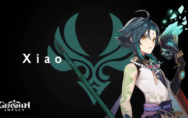 HD desktop wallpaper featuring Xiao from the video game Genshin Impact. Xiao, standing with a green polearm, is set against a black background with a teal emblem. Genshin Impact logo is in the corner.
