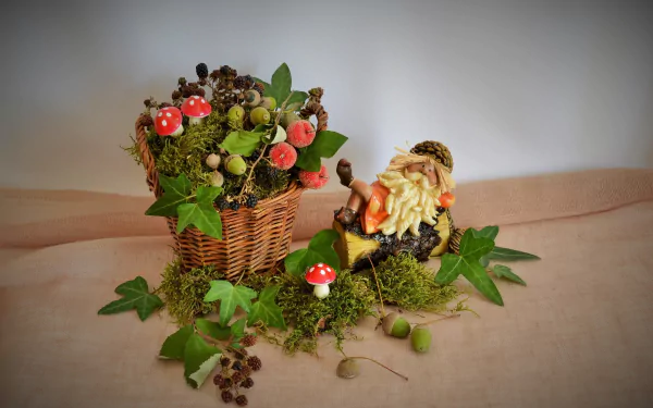 acorn basket figurine fly agaric moss mushroom photography still life HD Desktop Wallpaper | Background Image