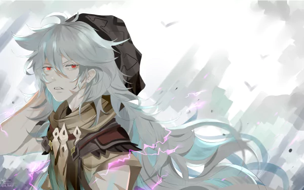 4K Ultra HD wallpaper of Razor from Genshin Impact, featuring his grey hair and red eyes in a dynamic, ethereal background.