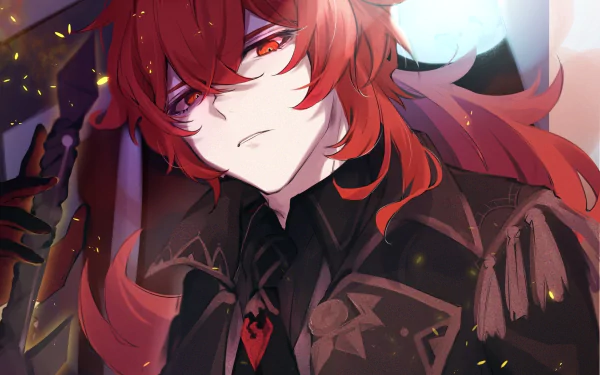 HD desktop wallpaper featuring Diluc from the video game Genshin Impact. The character is depicted with red hair and a stern expression, set against a detailed background with a glowing light.