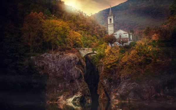 piedmonte Italy river bridge forest fall religious church HD Desktop Wallpaper | Background Image