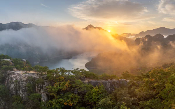 South Korea lake mountain Chungjuho Lake nature fog HD Desktop Wallpaper | Background Image