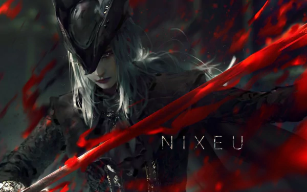 HD PC desktop wallpaper of Lady Maria from the video game Bloodborne, featuring her in dark attire with red accents and a dynamic, shadowy background.