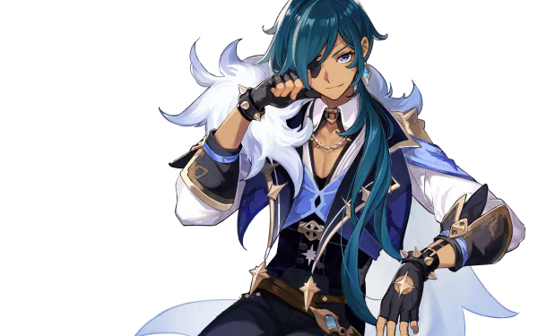 4K Ultra HD wallpaper featuring Kaeya from Genshin Impact with blue hair and an eye patch, showcasing his confident pose and detailed video game design.