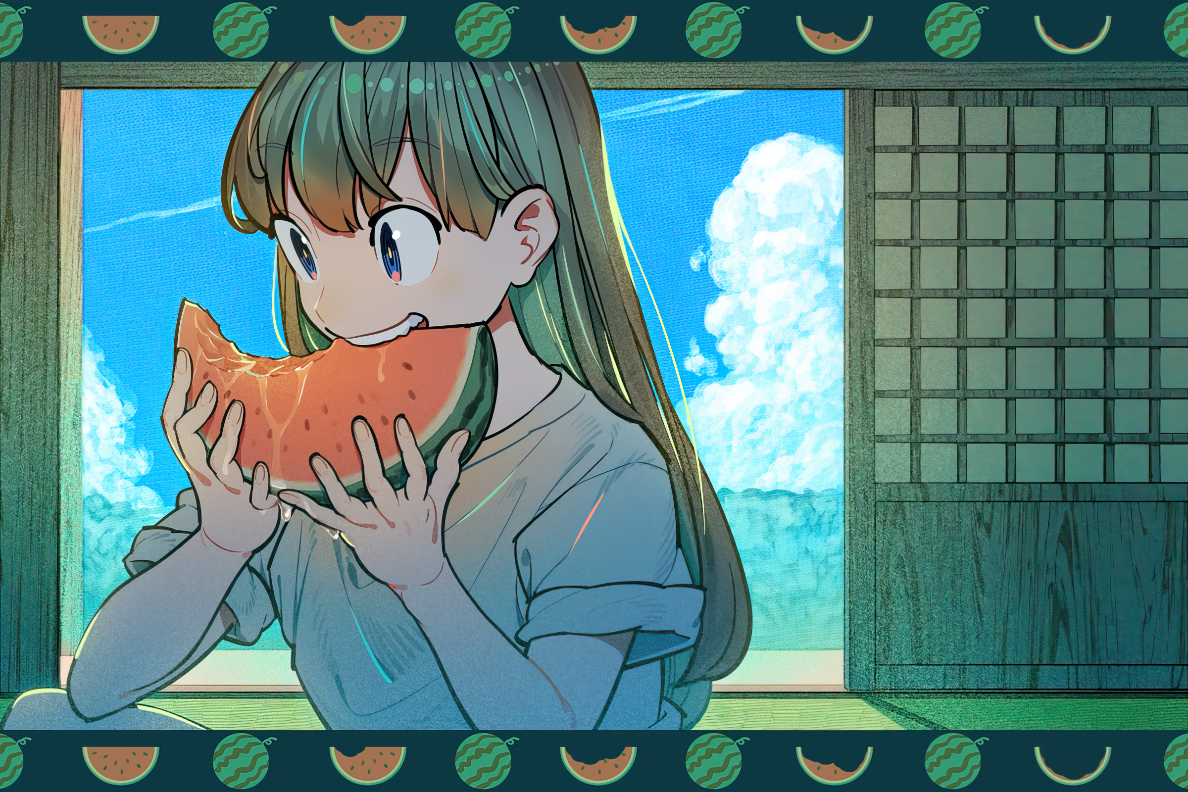 Woman Holding Watermelon - Cute Cartoon Illustration