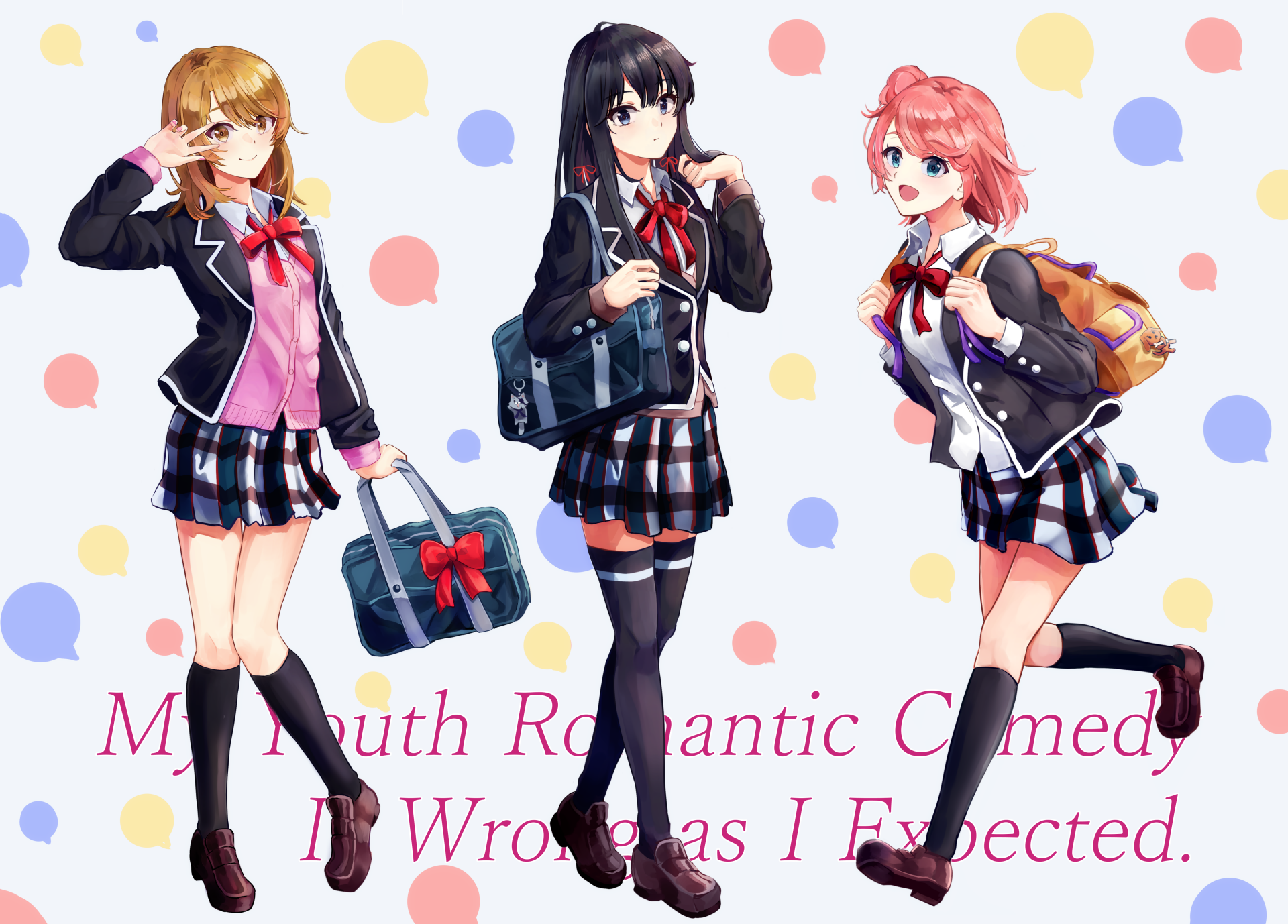 Download School Uniform Blue Eyes Brown Eyes Pink Hair Brown Hair Black Hair Short Hair Long Hair Yui Yuigahama Yukino Yukinoshita Iroha Isshiki My Teen Romantic Comedy SNAFU Anime 4k Ultra HD Wallpaper